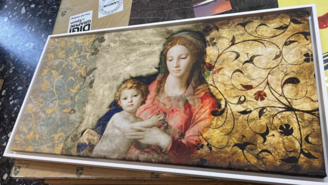 Soggetto sacro su tela con cornice a cassetta americana